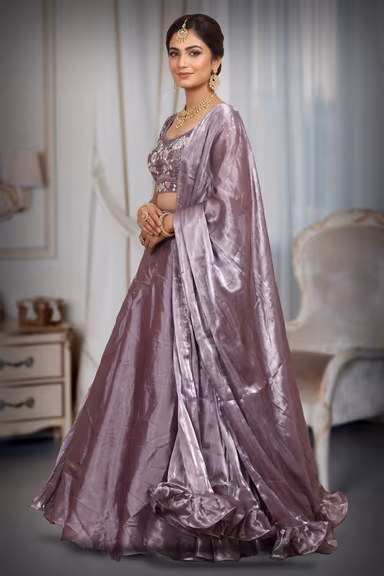 Lilac Tissue Silk Lehenga With Heavy Stone Worked Blouse , Plain Skirt And Ruffle Dupatta — view 3 of 3