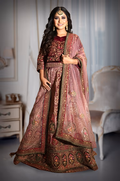 Luxurious Maroon Velvet Lehenga With Heavily Embroidered Floral Motifs And Traditional Borders — view 2 of 2