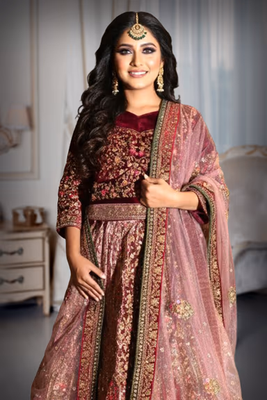 Luxurious Maroon Velvet Lehenga With Heavily Embroidered Floral Motifs And Traditional Borders — view 1 of 2