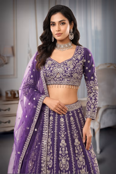 Majestic Deep Purple Lehenga Set With Heavy Silver Zari Embroidery, Intricate Borders, And Net Dupatta. — view 1 of 2