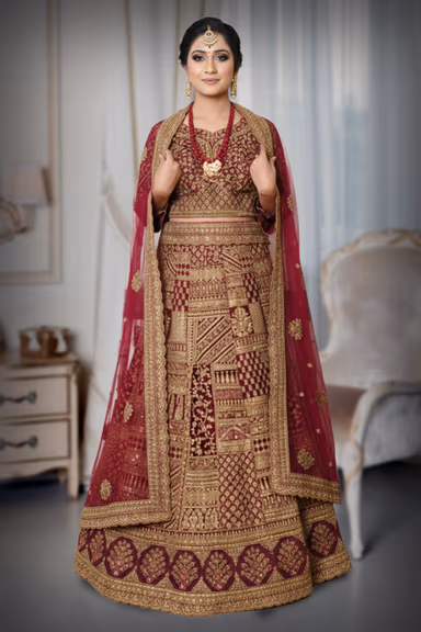 Majestic Maroon Bridal Lehenga Features Intricate Golden Embroidery Throughout The Skirt — view 2 of 4