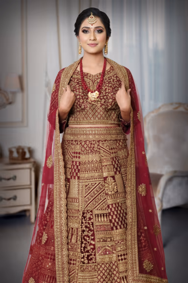 Majestic Maroon Bridal Lehenga Features Intricate Golden Embroidery Throughout The Skirt — view 1 of 4