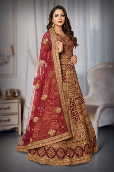 Majestic Maroon Bridal Lehenga Features Intricate Golden Embroidery Throughout The Skirt — view 3 of 4