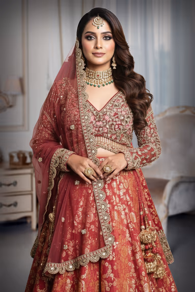 Traditional Maroon Banarasi Silk Lehenga Featuring Rich Floral Motifs An Intricately Heavily Embroidered… — view 1 of 4