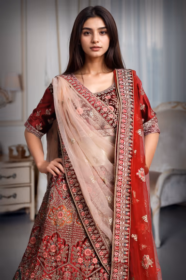 Maroon Colour Heavy Embroidery Jarkan Work  Velvet Lehenga — view 1 of 3