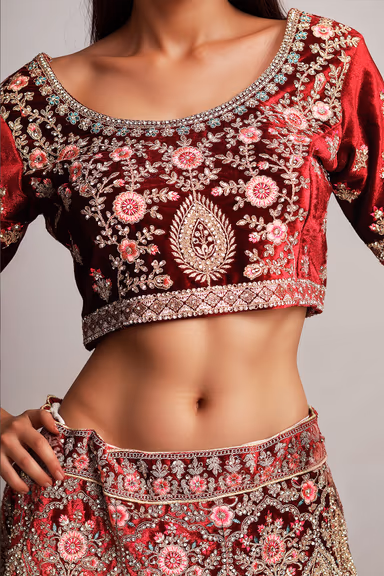 Maroon Colour Heavy Embroidery Jarkan Work  Velvet Lehenga — view 3 of 3