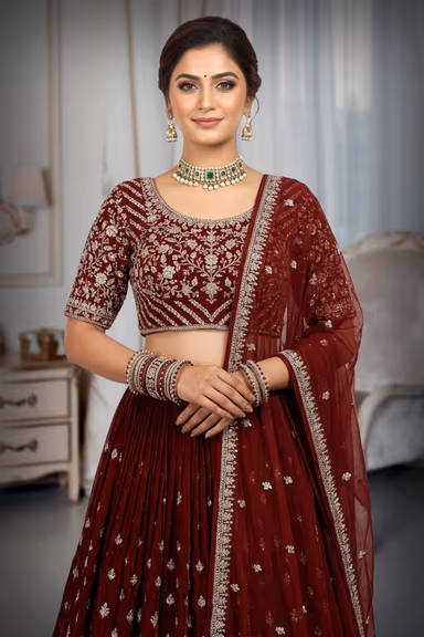 Maroon Georgrtte Lehenga With Silver Resham work — view 1 of 3
