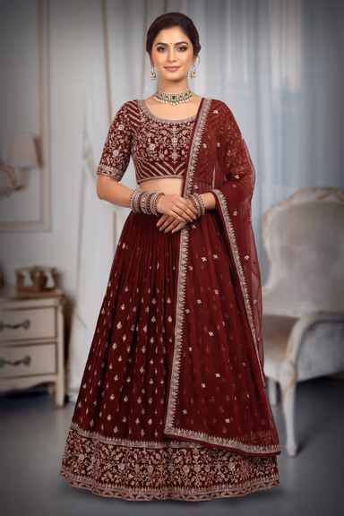 Maroon Georgrtte Lehenga With Silver Resham work — view 2 of 3