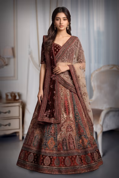 Maroon And Ivory Heavy Embroidered Velvet Lehenga With Maroon Blouse And Double Dupattas — view 2 of 3