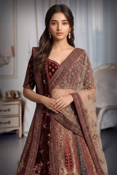 Maroon And Ivory Heavy Embroidered Velvet Lehenga With Maroon Blouse And Double Dupattas — view 1 of 3