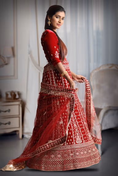 Maroon velvet embroidery work lehenga — view 3 of 4