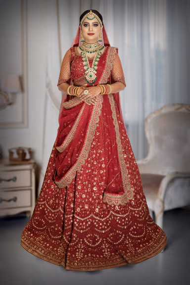Maroonish - red lehenga with embrodery gold aari work and sequin work details — view 2 of 2