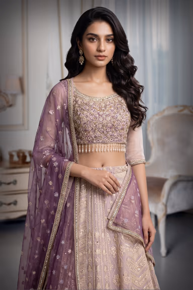 Mauve Lehenga With Zari, Pearl Work, Embroidered Blouse, And Net Dupatta. Elegant And Festive. — view 1 of 2