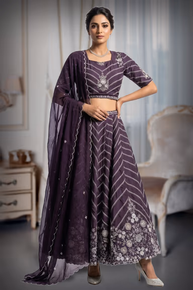 Mauve Zigzag Suga  Bead Floral Embroidered Lehenga Set — view 2 of 2