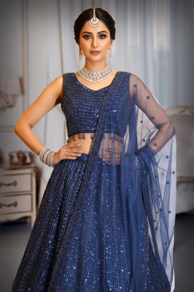 Midnight Blue Sequin and Bead Embellished Gown with Tulle Dupatta — view 1 of 2