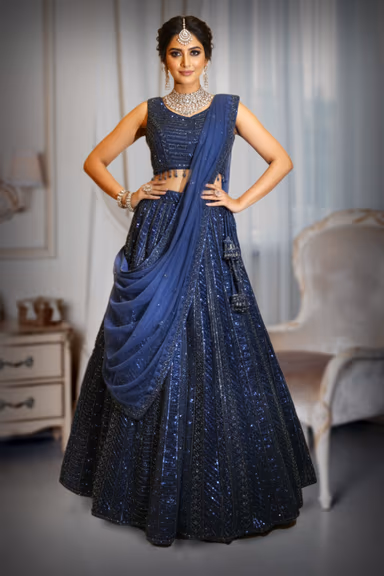 Midnight Blue Sequin and Bead Embellished Gown with Tulle Dupatta — view 2 of 2