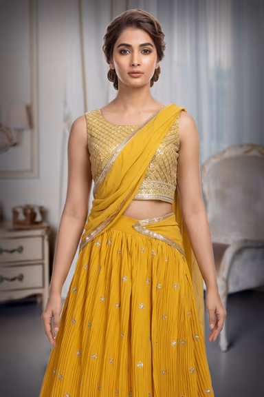 Minimalist Yellow Georgette Lehenga Embellished With Sequin Work And This Comes With Same Colour Blouse And… — view 1 of 4