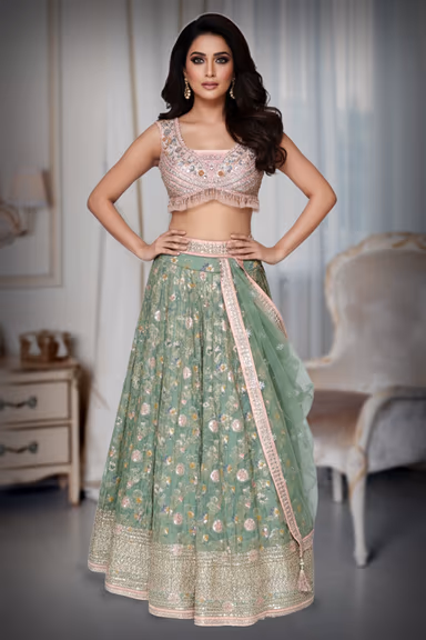 Mint green lehenga with a elegant blouse and dupatta — view 2 of 4
