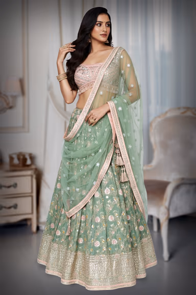 Mint green lehenga with a elegant blouse and dupatta — view 3 of 4