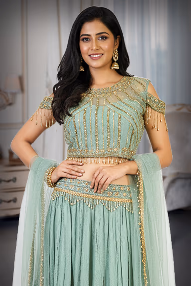 Mint Green Breezy Modern Touch Lehenga — view 1 of 3