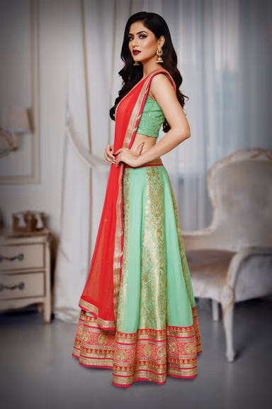 MInt Green lehenga with gold embroidery with contasting dupatta — view 3 of 3
