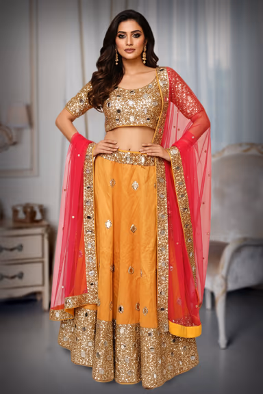 Heavy mirror work with a mustard lehenga — view 4 of 4
