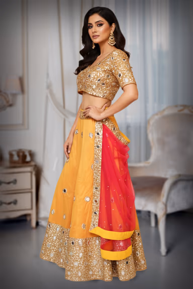Heavy mirror work with a mustard lehenga — view 3 of 4