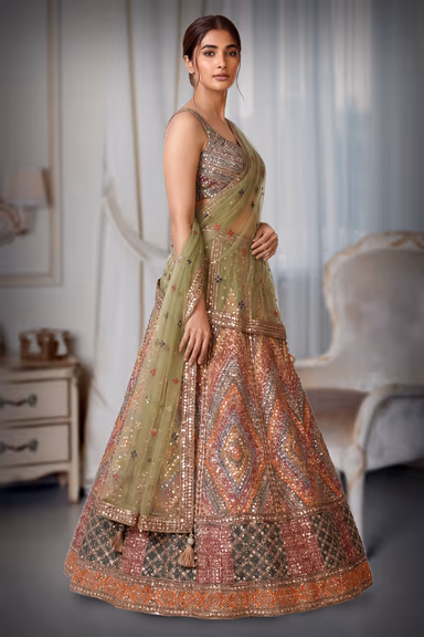 Heavy Mirror Worked Multicolour Lehenga With Maximalist Detailed Blouse — view 3 of 4