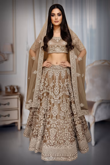 Mocha Mousse Outfit with Plunging Square Neck and Elegant Stone Work Dupatta — view 2 of 2