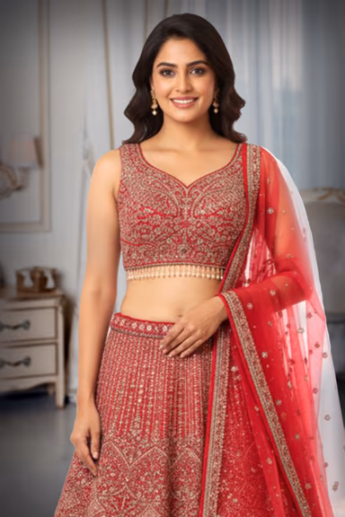 Mulberry Pink Heavy Embellished Bridal Lehenga With Golden Stone Details On Skirt , Crop Top And Dupatta — view 1 of 2