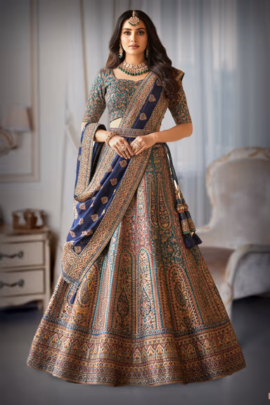 Multi-Colored Traditional Woven Lehenga with Contrasting Dupatta — view 2 of 4