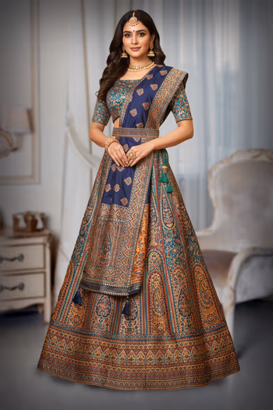 Multi-Colored Traditional Woven Lehenga with Contrasting Dupatta — view 3 of 4