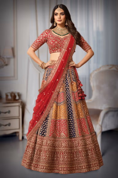 Multi colour jelly red lehenga with zari work — view 2 of 3