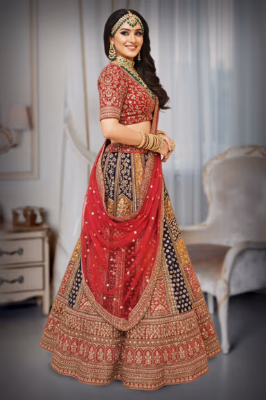 Multi colour jelly red lehenga with zari work — view 3 of 3