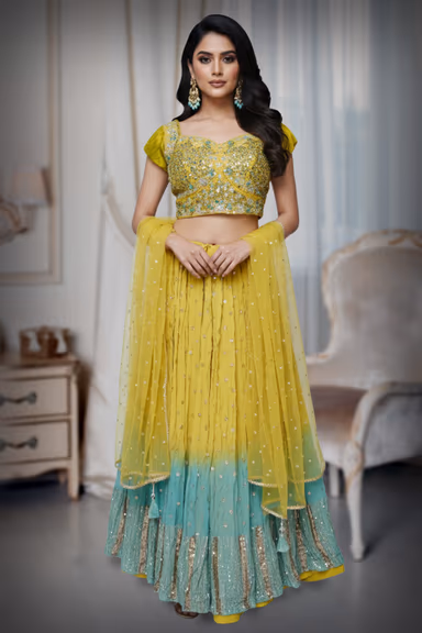 Mustard Green Ombre Blouse with Sequin and Mirror Work for Festive Elegance — view 2 of 3
