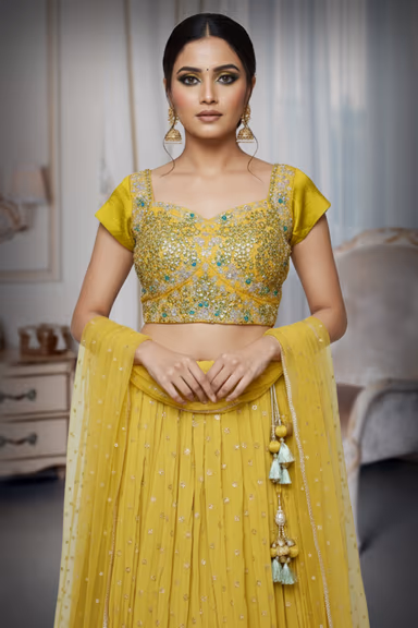 Mustard Green Ombre Blouse with Sequin and Mirror Work for Festive Elegance — view 1 of 3