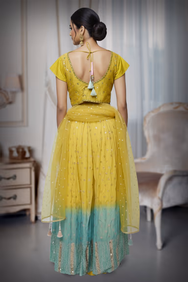 Mustard Green Ombre Blouse with Sequin and Mirror Work for Festive Elegance — view 3 of 3