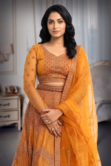 Elegant Mustard Orange Lehenga — view 1 of 2