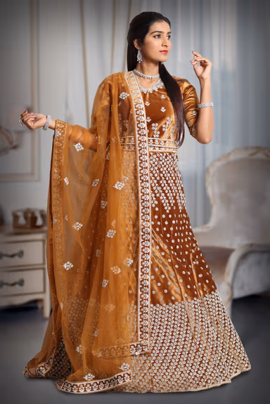 Mustard silver thread and jarkan stone work lehenga — view 2 of 5