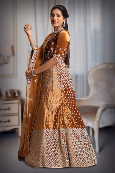 Mustard silver thread and jarkan stone work lehenga — view 4 of 5