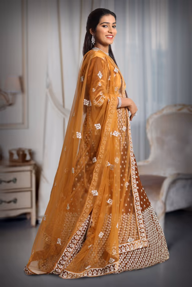 Mustard silver thread and jarkan stone work lehenga — view 3 of 5