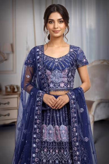 Navy Blue Heay Detailed Lehenga With Cold Shoulder Blouse And Double Panelled Skirt With Same Colour Dupatta — view 1 of 3