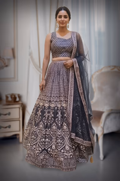 Navy Blue & Rose Gold Geometric Print Ethnic Lehenga Set with Net Dupatta — view 2 of 2