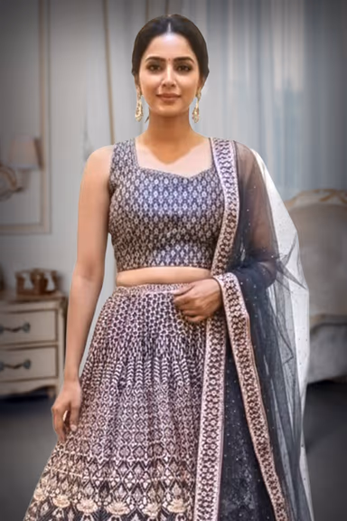 Navy Blue & Rose Gold Geometric Print Ethnic Lehenga Set with Net Dupatta — view 1 of 2