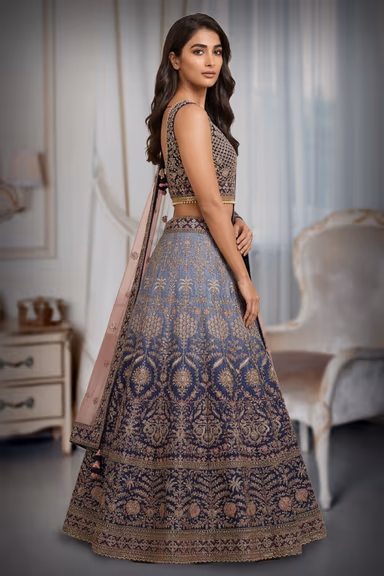 Navy Blue Heavy Thread worked Lehenga With Ombre Shade , Detailed Blouse And Minimal Dupatta — view 3 of 3