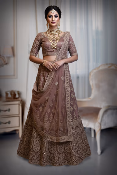 Nude pink tone Silk Lehenga Choli with Gold Zardozi and Sequin Embroidery. — view 2 of 2