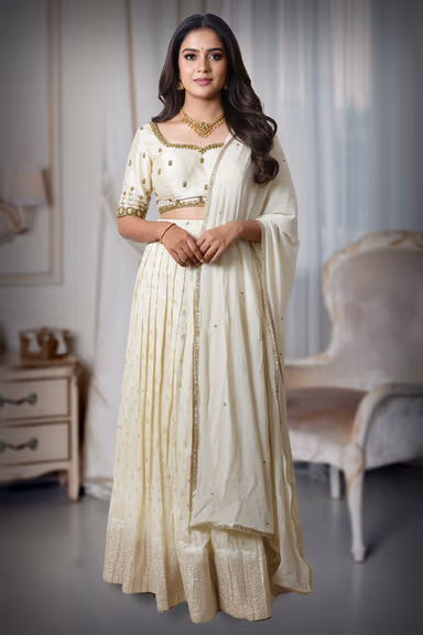 Elegant Off White Wedding Lehenga With Gold Embroidery And Plain Dupatta Suitable For Festive Functions — view 2 of 4