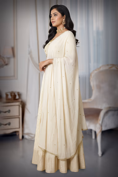 Elegant Off White Wedding Lehenga With Gold Embroidery And Plain Dupatta Suitable For Festive Functions — view 3 of 4