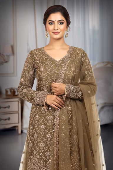Olive Green Heavy Embellished Bridal Sharara Set with Golden Stone Details On Pant , Crop Top And Dupatta — view 1 of 2