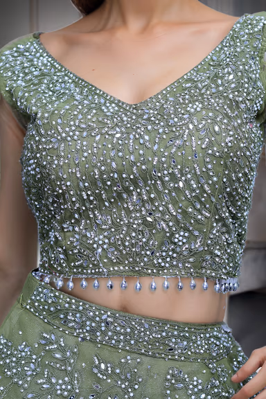 Olive Green Pre Wedding Lehenga With Net Extended Cape Sleeve — view 4 of 4